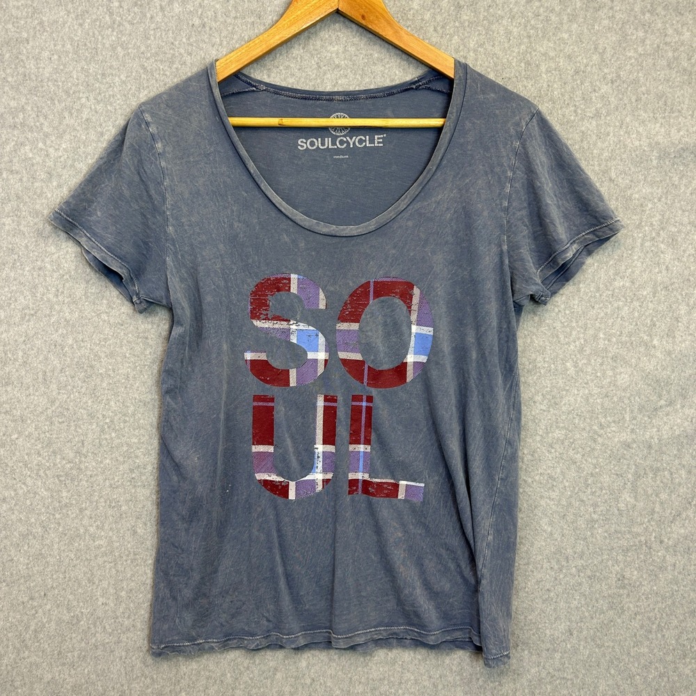 SoulCycle Graphic Tee Blue Acid Wash Plaid SOUL Logo Scoop Neck Womens Medium